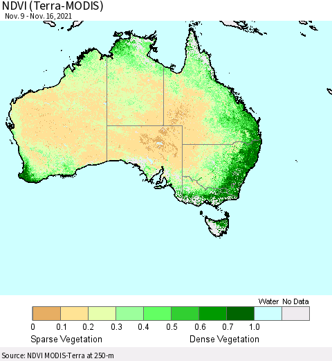 Australia NDVI (Terra-MODIS) Thematic Map For 11/9/2021 - 11/16/2021
