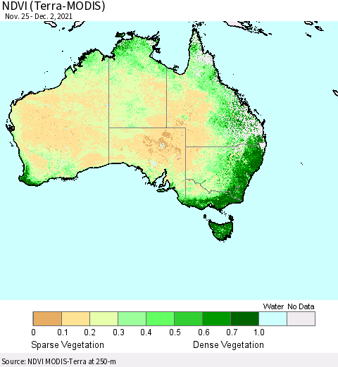 Australia NDVI (Terra-MODIS) Thematic Map For 11/25/2021 - 12/2/2021
