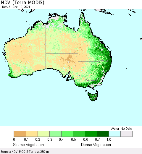 Australia NDVI (Terra-MODIS) Thematic Map For 12/3/2021 - 12/10/2021