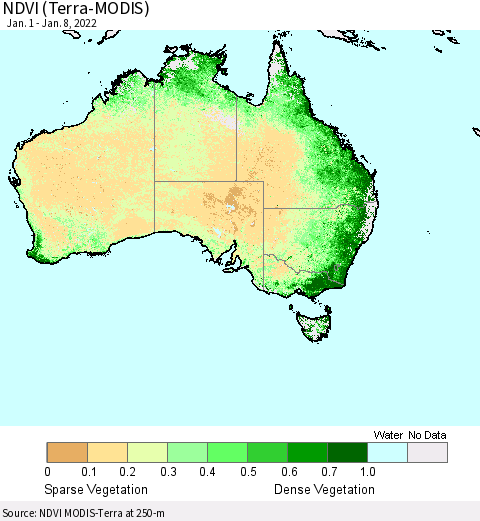 Australia NDVI (Terra-MODIS) Thematic Map For 1/1/2022 - 1/8/2022