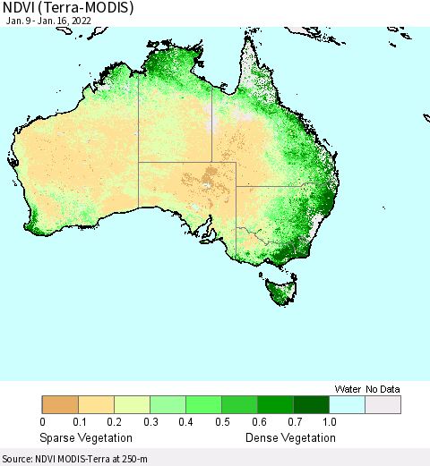 Australia NDVI (Terra-MODIS) Thematic Map For 1/9/2022 - 1/16/2022