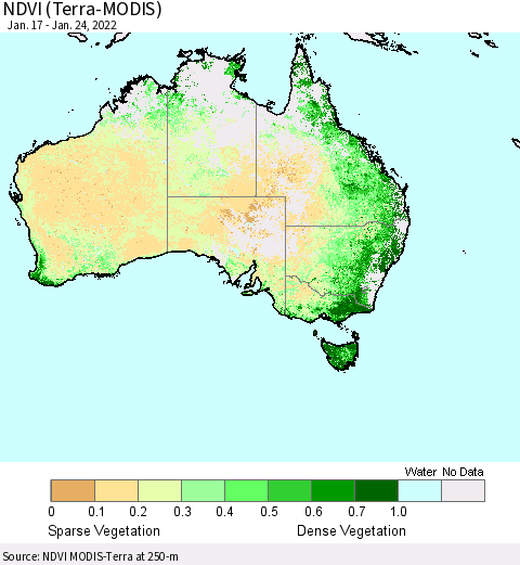 Australia NDVI (Terra-MODIS) Thematic Map For 1/17/2022 - 1/24/2022