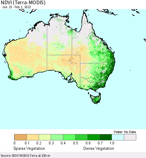 Australia NDVI (Terra-MODIS) Thematic Map For 1/25/2022 - 2/1/2022