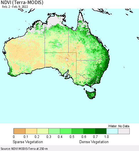 Australia NDVI (Terra-MODIS) Thematic Map For 2/2/2022 - 2/9/2022