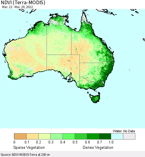 Australia NDVI (Terra-MODIS) Thematic Map For 3/22/2022 - 3/29/2022