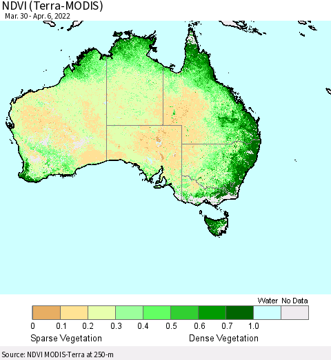 Australia NDVI (Terra-MODIS) Thematic Map For 3/30/2022 - 4/6/2022