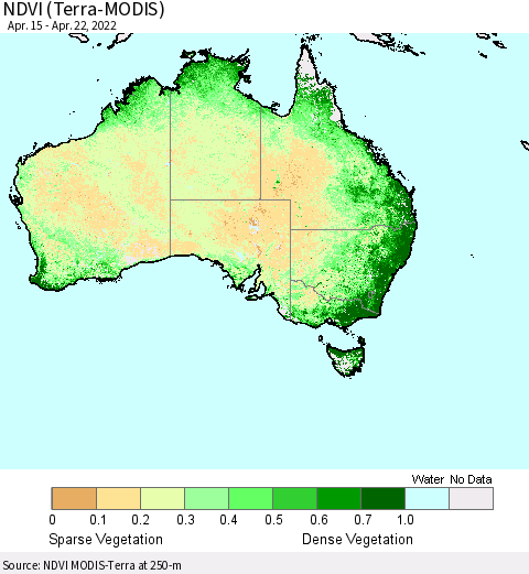 Australia NDVI (Terra-MODIS) Thematic Map For 4/15/2022 - 4/22/2022
