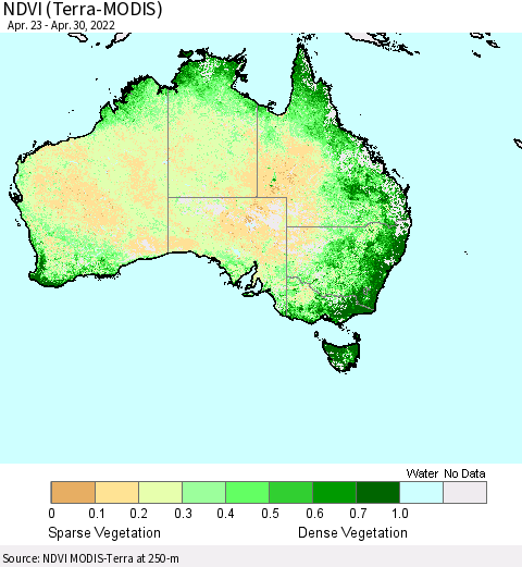 Australia NDVI (Terra-MODIS) Thematic Map For 4/23/2022 - 4/30/2022
