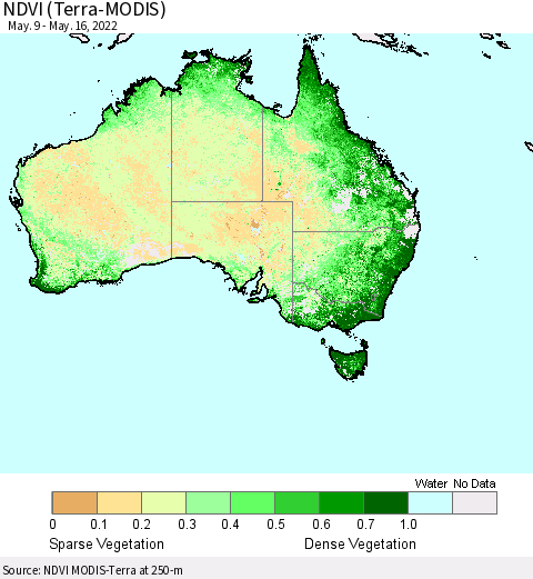 Australia NDVI (Terra-MODIS) Thematic Map For 5/9/2022 - 5/16/2022
