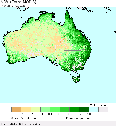 Australia NDVI (Terra-MODIS) Thematic Map For 5/25/2022 - 6/1/2022