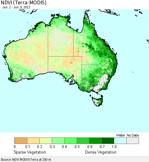Australia NDVI (Terra-MODIS) Thematic Map For 6/2/2022 - 6/9/2022