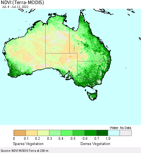 Australia NDVI (Terra-MODIS) Thematic Map For 7/4/2022 - 7/11/2022