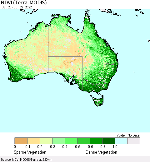 Australia NDVI (Terra-MODIS) Thematic Map For 7/20/2022 - 7/27/2022