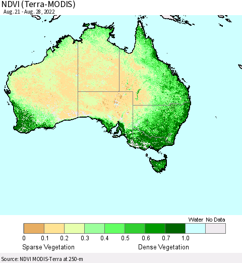 Australia NDVI (Terra-MODIS) Thematic Map For 8/21/2022 - 8/28/2022