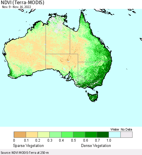 Australia NDVI (Terra-MODIS) Thematic Map For 11/9/2022 - 11/16/2022