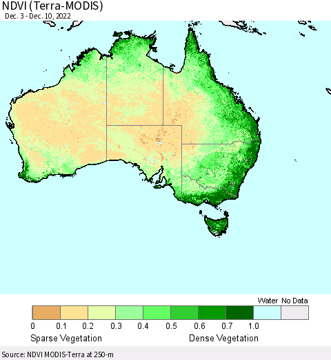 Australia NDVI (Terra-MODIS) Thematic Map For 12/3/2022 - 12/10/2022