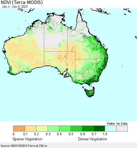 Australia NDVI (Terra-MODIS) Thematic Map For 1/1/2023 - 1/8/2023
