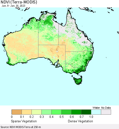 Australia NDVI (Terra-MODIS) Thematic Map For 1/9/2023 - 1/16/2023
