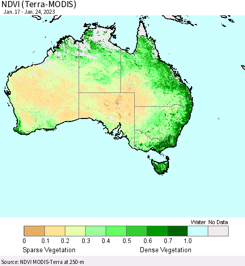 Australia NDVI (Terra-MODIS) Thematic Map For 1/17/2023 - 1/24/2023
