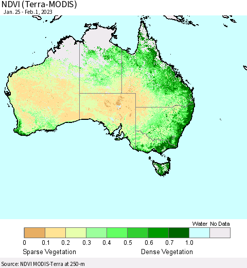 Australia NDVI (Terra-MODIS) Thematic Map For 1/25/2023 - 2/1/2023