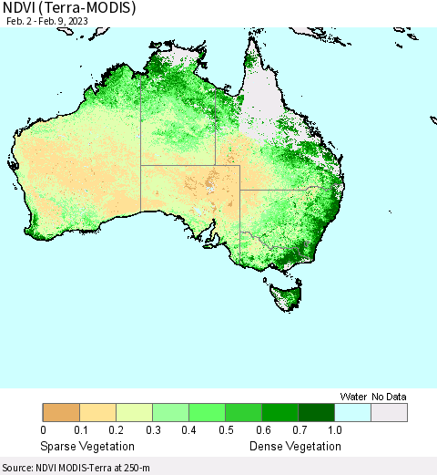 Australia NDVI (Terra-MODIS) Thematic Map For 2/2/2023 - 2/9/2023