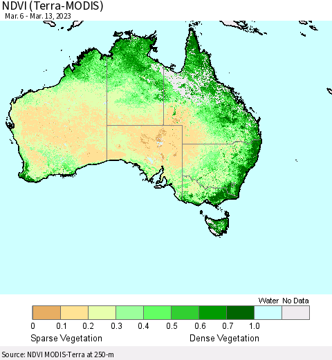 Australia NDVI (Terra-MODIS) Thematic Map For 3/6/2023 - 3/13/2023