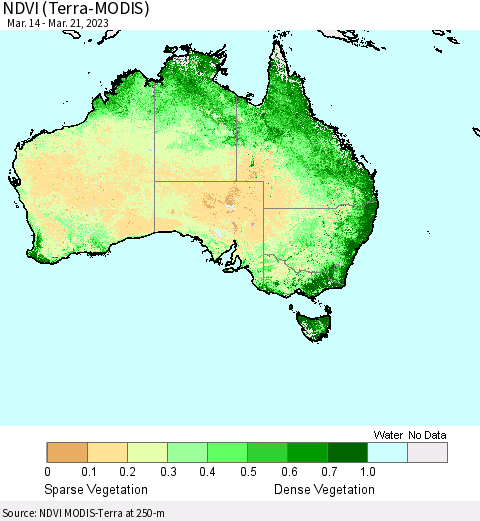 Australia NDVI (Terra-MODIS) Thematic Map For 3/14/2023 - 3/21/2023