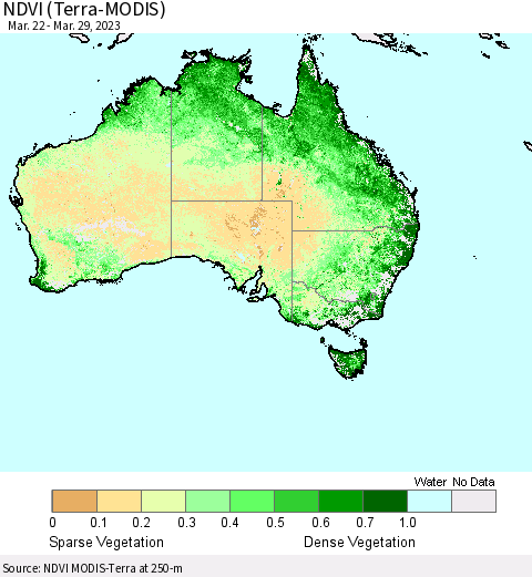 Australia NDVI (Terra-MODIS) Thematic Map For 3/22/2023 - 3/29/2023