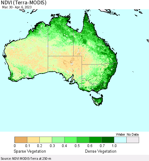 Australia NDVI (Terra-MODIS) Thematic Map For 3/30/2023 - 4/6/2023