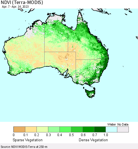 Australia NDVI (Terra-MODIS) Thematic Map For 4/7/2023 - 4/14/2023