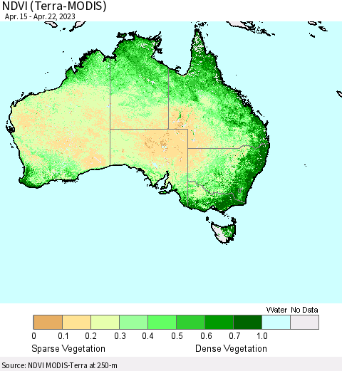 Australia NDVI (Terra-MODIS) Thematic Map For 4/15/2023 - 4/22/2023