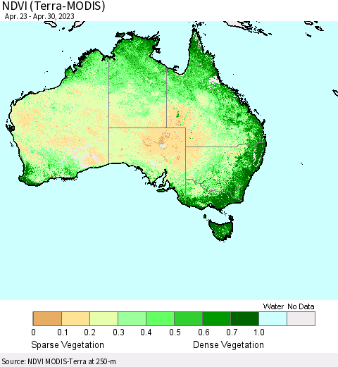 Australia NDVI (Terra-MODIS) Thematic Map For 4/23/2023 - 4/30/2023