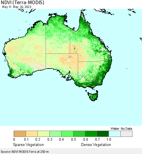 Australia NDVI (Terra-MODIS) Thematic Map For 5/9/2023 - 5/16/2023