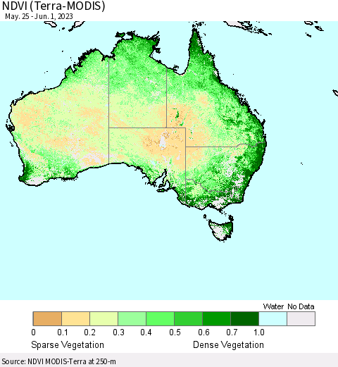 Australia NDVI (Terra-MODIS) Thematic Map For 5/25/2023 - 6/1/2023