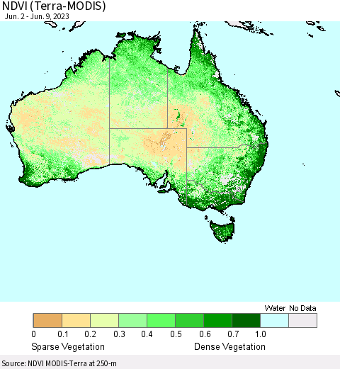 Australia NDVI (Terra-MODIS) Thematic Map For 6/2/2023 - 6/9/2023