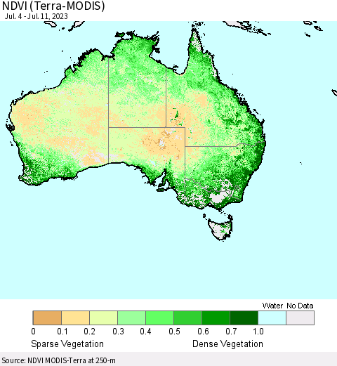 Australia NDVI (Terra-MODIS) Thematic Map For 7/4/2023 - 7/11/2023