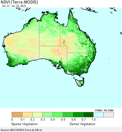 Australia NDVI (Terra-MODIS) Thematic Map For 7/12/2023 - 7/19/2023