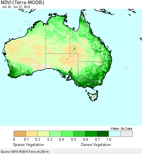 Australia NDVI (Terra-MODIS) Thematic Map For 7/20/2023 - 7/27/2023