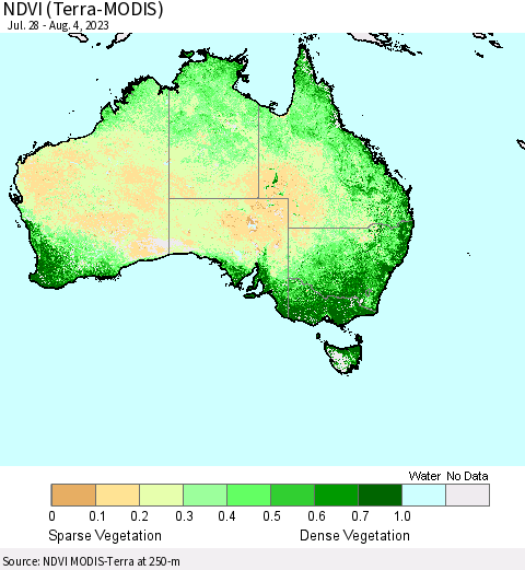 Australia NDVI (Terra-MODIS) Thematic Map For 7/28/2023 - 8/4/2023