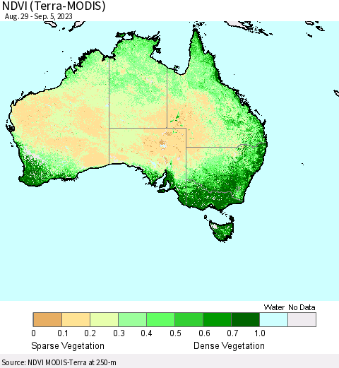 Australia NDVI (Terra-MODIS) Thematic Map For 8/29/2023 - 9/5/2023