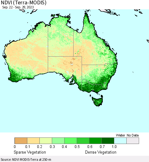 Australia NDVI (Terra-MODIS) Thematic Map For 9/22/2023 - 9/29/2023