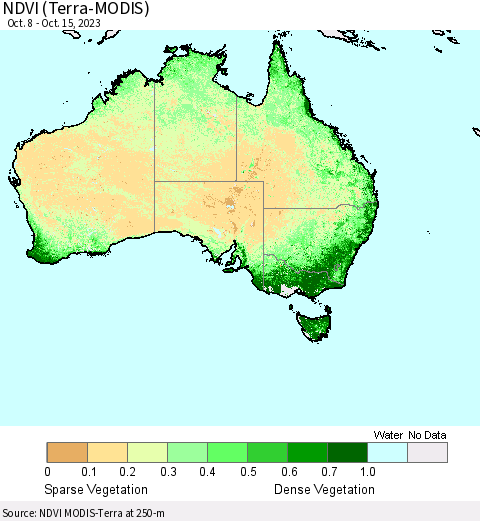 Australia NDVI (Terra-MODIS) Thematic Map For 10/8/2023 - 10/15/2023