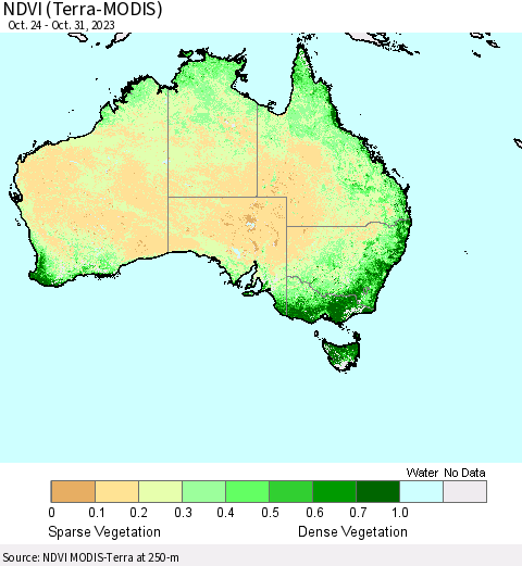 Australia NDVI (Terra-MODIS) Thematic Map For 10/24/2023 - 10/31/2023