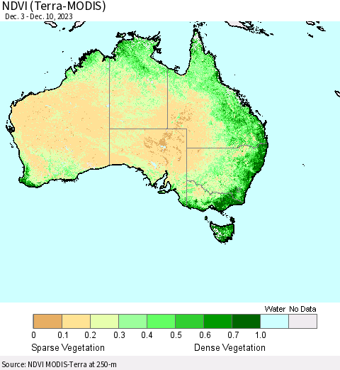 Australia NDVI (Terra-MODIS) Thematic Map For 12/3/2023 - 12/10/2023