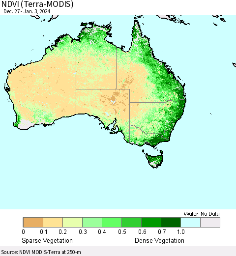 Australia NDVI (Terra-MODIS) Thematic Map For 12/27/2023 - 1/3/2024