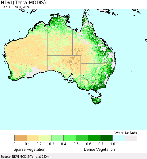 Australia NDVI (Terra-MODIS) Thematic Map For 1/1/2024 - 1/8/2024