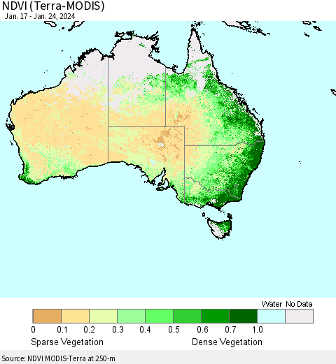 Australia NDVI (Terra-MODIS) Thematic Map For 1/17/2024 - 1/24/2024
