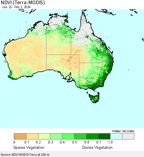 Australia NDVI (Terra-MODIS) Thematic Map For 1/25/2024 - 2/1/2024