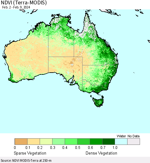 Australia NDVI (Terra-MODIS) Thematic Map For 2/2/2024 - 2/9/2024