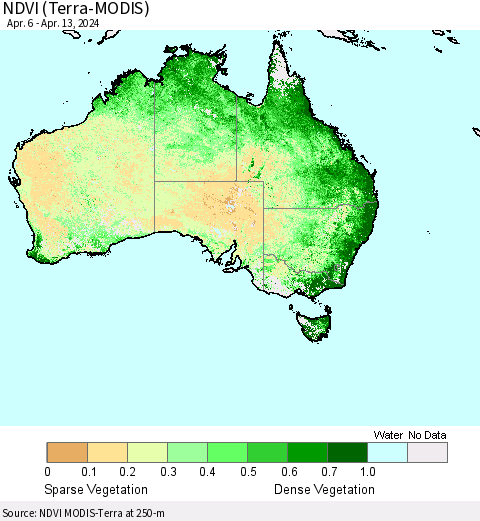 Australia NDVI (Terra-MODIS) Thematic Map For 4/6/2024 - 4/13/2024